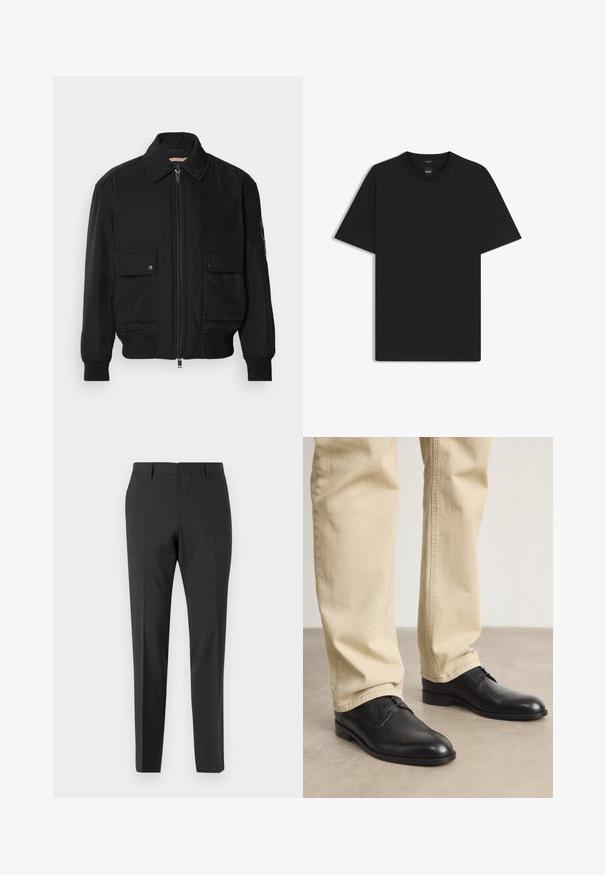 Svart bomberjacka gjord av mjukt, lättviktigt tyg. Har dragkedja fram, två knappade bröstfickor och ribbade ärmslut.; Svart kortärmad T-shirt i en mjuk bomullsblandning, med rundad halsringning och en minimalistisk design utan mönster eller detaljer.; Mörkgrå skräddarsydda byxor med en jämn textur, smal passform, platt front och bälteshällor, designade för formella kläder eller affärsdräkter.; Svarta läderskor med snörning, rund tå, slät yta och subtila sömdetaljer, bärs med ljusbeige byxor.