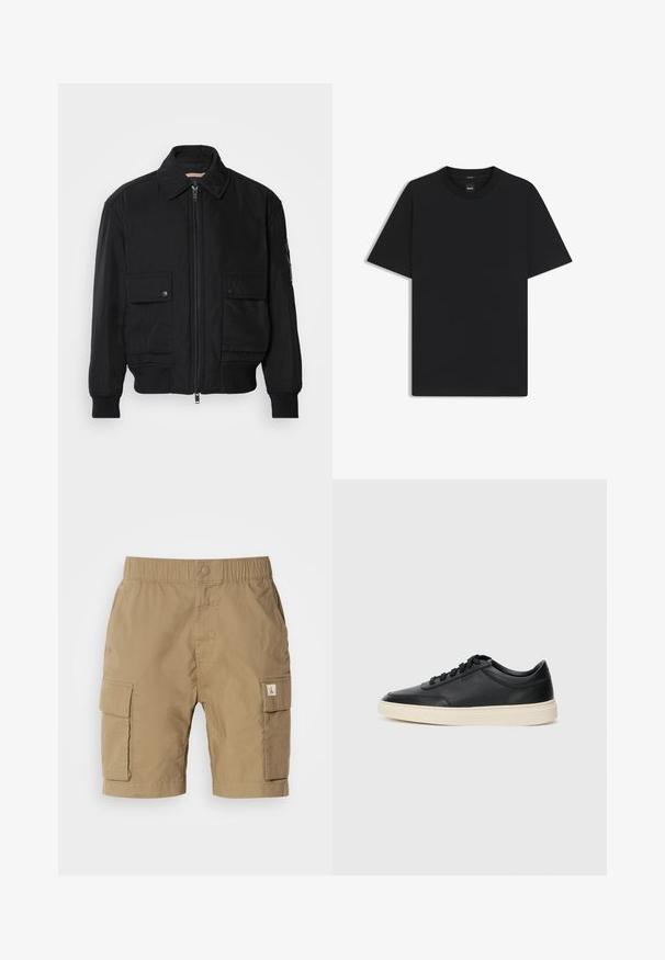 Giacca bomber nera realizzata in tessuto morbido e leggero. Caratterizzata da una chiusura con zip frontale, due tasche sul petto con bottone e polsini a costine.; Maglietta nera a maniche corte realizzata in un morbido misto cotone, con scollatura a girocollo e un design minimalista senza motivi o dettagli.; Pantaloni cargo beige realizzati in tessuto leggero, con vita elastica, tasche laterali e una tasca a toppa sulla gamba.; Sneaker in pelle nera a basso profilo con lacci neri e suola avorio, mostrato di profilo su sfondo bianco.