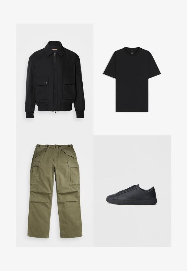 Svart bomberjacka gjord av mjukt, lättviktigt tyg. Har dragkedja fram, två knappade bröstfickor och ribbade ärmslut.; Svart kortärmad T-shirt i en mjuk bomullsblandning, med rundad halsringning och en minimalistisk design utan mönster eller detaljer.; Olivgröna cargobyxor i texturerat tyg, med flera fram- och sidofickor samt förstärkta sömmar.; Svarta sneakers i slätt läder med låg design, rund tå och platt gummisula. Har snörning och subtil branding.