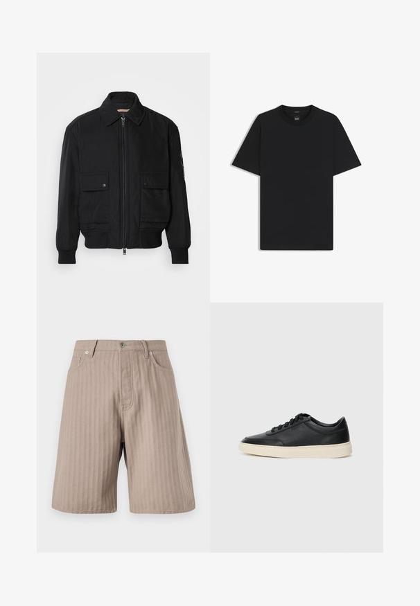 Giacca bomber nera realizzata in tessuto morbido e leggero. Caratterizzata da una chiusura con zip frontale, due tasche sul petto con bottone e polsini a costine.; Maglietta nera a maniche corte realizzata in un morbido misto cotone, con scollatura a girocollo e un design minimalista senza motivi o dettagli.; Pantaloni corti color marrone chiaro a righe sottili con taglio dritto. Presentano una cerniera frontale, due tasche laterali e una chiusura con bottone metallico.; Sneaker in pelle nera a basso profilo con lacci neri e suola avorio, mostrato di profilo su sfondo bianco.