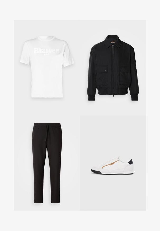 Black bomber jacket made of smooth, lightweight fabric. Features a zip front, two buttoned chest pockets, and ribbed cuffs.; White cotton t-shirt with short sleeves, featuring a raised, tonal "Blauer" logo and "USA" text on the front. Smooth texture.; Black jogger pants made of smooth fabric. Feature an elastic waistband with a drawstring, tapered legs, and no visible pockets. Simple design.; White athletic shoes with mesh and leather accents. Features a gold "BOSS" logo, textured side panels, and a black heel cap. Rubber sole.
