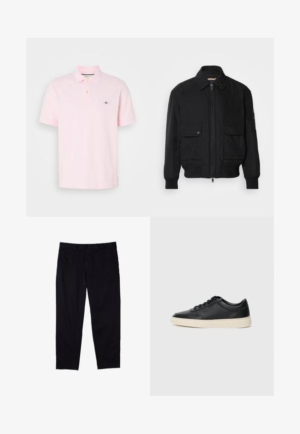 Chaqueta bomber negra de tejido suave y ligero. Cuenta con cierre de cremallera en la parte delantera, dos bolsillos en el pecho con botón y puños acanalados.; Camisa polo de color rosa claro hecha de algodón, con un collar clásico, tapeta de dos botones y un logo bordado en el lado izquierdo del pecho.; Pantalones negros de algodón con diseño de pierna recta, que cuentan con cierre de botón, bolsillos laterales y una textura suave.; Zapatilla negra de piel de caña baja con cordones negros y suela color crema, mostrada en perfil lateral sobre fondo blanco.