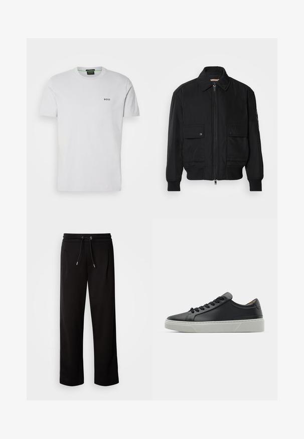 Černá bomber bunda vyrobená z hladkého, lehkého materiálu. Má zipový přední díl, dvě kapsy na hrudi s knoflíky a vroubkované manžety.; Bílý bavlněný tričko s krátkými rukávy, kulatým výstřihem a malým černým logem "BOSS" na levém prsu. Hladká textura, standardní střih.; Černé, volné tepláky vyrobené z měkké látky, s elastickým pasem se šňůrkou a bočními kapsami.; Černé kožené tenisky s hladkým povrchem, kulatou špičkou a černými šňůrkami. Disponují silnou bílou gumovou podrážkou s jemnými geometrickými akcenty.