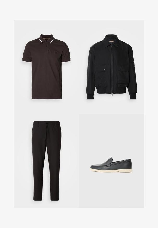 Black bomber jacket made of smooth, lightweight fabric. Features a zip front, two buttoned chest pockets, and ribbed cuffs.; Dark brown polo shirt made of cotton, featuring a classic collar, two buttons, and white accents at the collar and sleeves. Small logo on chest.; Black jogger pants made of smooth fabric. Feature an elastic waistband with a drawstring, tapered legs, and no visible pockets. Simple design.; Black leather slip-on loafers with a textured finish and a contrasting beige rubber sole. Features a subtle accent along the front.