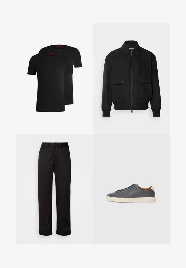 Melnā bomber jaka, izgatavota no gludas, vieglas auduma. Ar rāvējslēdzēju priekšā, diviem pogājamiem krūšu kabatām un ribotām piedurknēm.; Divas melnas kokvilnas t-krekli ar īsām piedurknēm un apkakli. Abiem ir sarkans zīmola uzlīmējums pie apkakles. Vienkāršs, klasisks dizains.; Melnas bikses, izgatavotas no gluda auduma, ar rāvējslēdzēju, pogu aizdari un sarullētām piedurknēm ikdienejai apģērbam.; Pelēki ādas sporta apavi ar apaļu purngalu, gumijas zoli, plakanu auklu un gaišiem akcentiem uz papēža. Gluda tekstūra un minimālistisks dizains.