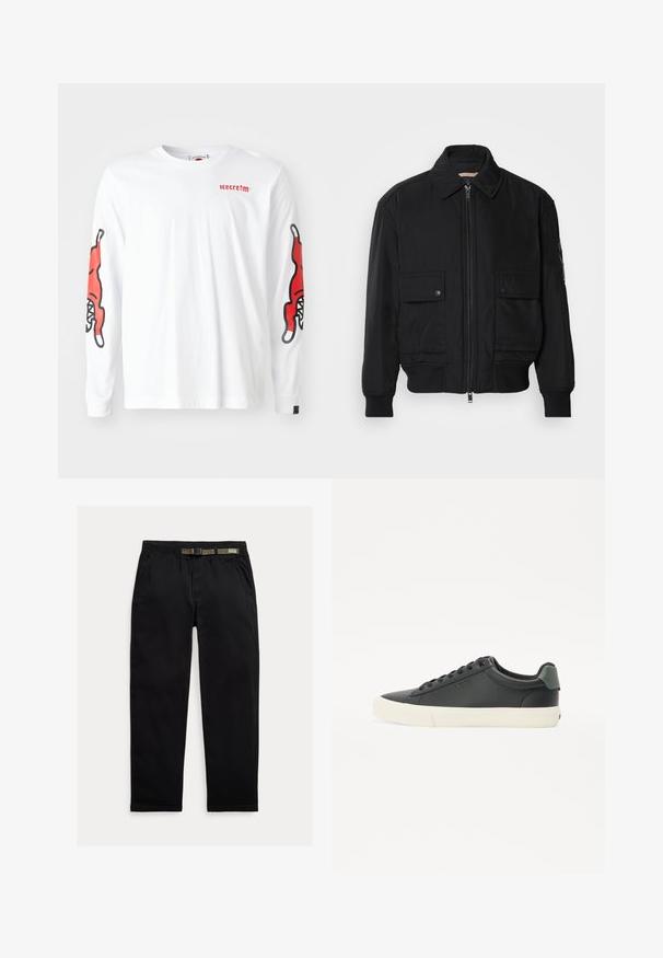 Schwarze Bomberjacke aus glattem, leichtem Stoff. Mit einem Reißverschluss vorne, zwei aufknöpfbaren Brusttaschen und gerippten Bündchen.; Langärmliges weißes T-Shirt mit roten Grafikdesigns auf beiden Ärmeln und einem kleinen roten Logo auf der Brust. Aus Baumwolle, lässige Passform.; Schwarze Hose aus leichtem Material, mit einem elastischen Bund und einem integrierten grünen Gürtel, geradem Beinabschluss und seitlichen Taschen.; Schwarze Leder-Sneaker mit strukturiertem Finish, weißer Gummisohle, runder Zehenpartie und grünem Akzent an der Ferse. Sechs Ösen-Schnürdesign.