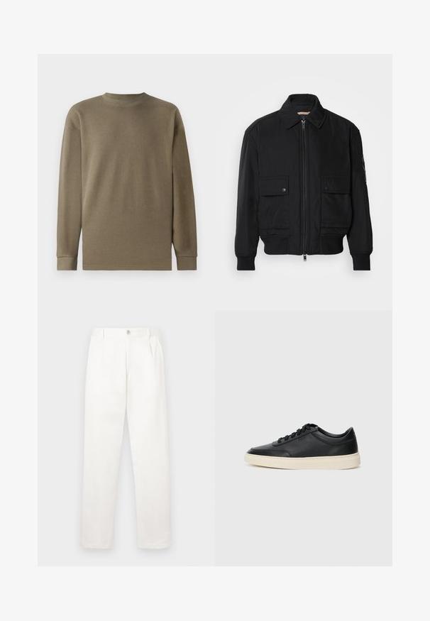 Μαύρο μπουφάν bomber φτιαγμένο από μαλακό, ελαφρύ ύφασμα. Διαθέτει φερμουάρ μπροστά, δύο τσέπες με κουμπιά στο στήθος και ριμπ μανσέτες.; Ελαιόλαδο πράσινη μπλούζα μακρυμάνικη με υφή, με στρογγυλή λαιμόκοψη και ραμμένο ύφασμα, που διαθέτει ίσιες ραφές και δομημένα μανίκια.; Λευκά παν trousers κατασκευασμένα από μαλακό ύφασμα, με ευθεία σχεδίαση, πτυχές μπροστά και κλείσιμο με ένα κουμπί στη μέση.; Μαύρο δερμάτινο σνίκερ χαμηλού προφίλ με μαύρες κορδόνες και ελαφρώς λευκή σόλα, εμφανίζεται σε πλάγια προφίλ σε λευκό φόντο.