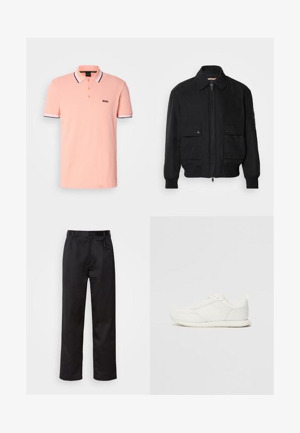 Jaqueta bomber preta feita de um tecido liso e leve. Apresenta um fecho zip à frente, dois bolsos no peito com botão e punhos canelados.; BOSS PADDY - Polo - light pastel red; Calças pretas feitas de um tecido suave, com fecho frontal por botão, pregas e pernas retas. Sem padrões ou acentos visíveis.; Sapatilha branca com parte superior em malha e sintético, bico arredondado, atacadores planos e uma faixa lateral texturizada. Sola em borracha com uma alça na parte de trás.
