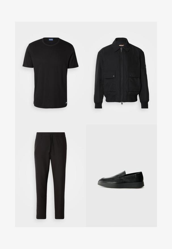 Black bomber jacket made of smooth, lightweight fabric. Features a zip front, two buttoned chest pockets, and ribbed cuffs.; Black short-sleeve t-shirt made from cotton, featuring a round neckline and a small logo tag at the hem. Smooth texture, regular fit.; Black jogger pants made of smooth fabric. Feature an elastic waistband with a drawstring, tapered legs, and no visible pockets. Simple design.; Calvin Klein HYBRID CUP - Slip-ons - triple black