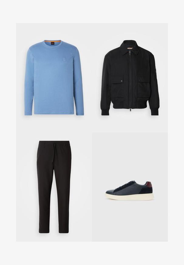 Juodas bomber stiliaus švarkas, pagamintas iš sklandaus, lengvo audinio. Su užtrauktuku priekyje, dviem kišenėmis su sagomis ant krūtinės ir guma apykaklėje.; Šviesiai mėlynas ilgos rankovės marškinėliai pagaminti iš medvilnės, su apvaliu kaklu, mažu logotipo ženkleliu ant krūtinės ir susiūtomis rankovėmis.; Juodi džinsai, pagaminti iš lygaus audinio. Yra elastinė juosmens juosta su raišteliu, siaurėjantys džinsai, be matomų kišenių. Paprastas dizainas.; Juodos odinės ir zomšinės vyriškos žemos sportinės avalynės su bordo spalvos kulkšnių juostele ir balto kaučiuko padu vaizdas iš išorės.