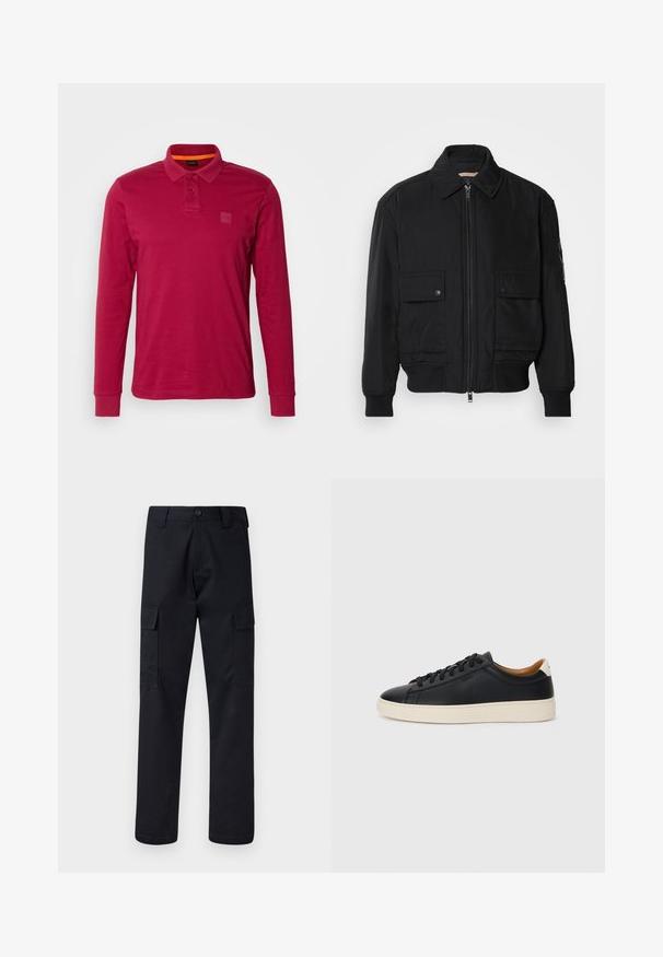 Melnā bomber jaka, izgatavota no gludas, vieglas auduma. Ar rāvējslēdzēju priekšā, diviem pogājamiem krūšu kabatām un ribotām piedurknēm.; Ilga piedurkne polo krekls vienkrāsainā vīna sarkanā kokvilnā, ar trīs pogu aizdari, ribotām aprocem un mazu logotipa uzšuvi uz krūšu.; Melni kravas bikses, kas izgatavotas no izturīga auduma, ar taisnu kāju griezumu, divām sānu kabatām un pogu aizdari jostas vietā.; Melni ādas sporta apavi ar gludu tekstūru, bēša krāsas gumijas zole, auklu aizdare un kontrastējošs papēža akcents.
