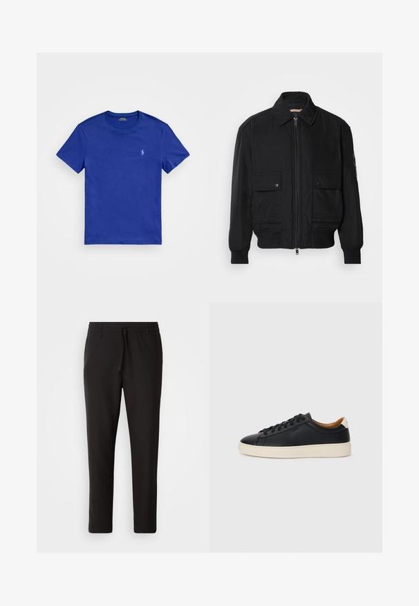 Jaqueta bomber preta feita de um tecido liso e leve. Apresenta um fecho zip à frente, dois bolsos no peito com botão e punhos canelados.; Polo Ralph Lauren CUSTOM SLIM FIT JERSEY CREWNECK T-SHIRT - T-shirt básica - beach royal; Calças de jogging pretas feitas de tecido liso. Apresentam uma cintura elástica com cordão, pernas ligeiramente ajustadas e sem bolsos visíveis. Design simples.; Tenis de couro preto com uma textura suave, sola de borracha bege, design de atar e um destaque no calcanhar em contraste.