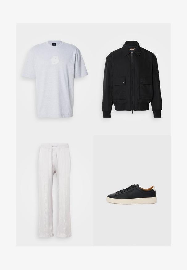 Jaqueta bomber preta feita de um tecido liso e leve. Apresenta um fecho zip à frente, dois bolsos no peito com botão e punhos canelados.; T-shirt cinza em algodão com mangas curtas, apresentando um logótipo branco peludo na frente. Design de gola redonda com um corte relaxado.; Calças largas em cinza claro, em tecido suave, com um cós elástico e cordão. Pernas retas com pregas subtis, sem padrões visíveis.; Tenis de couro preto com uma textura suave, sola de borracha bege, design de atar e um destaque no calcanhar em contraste.