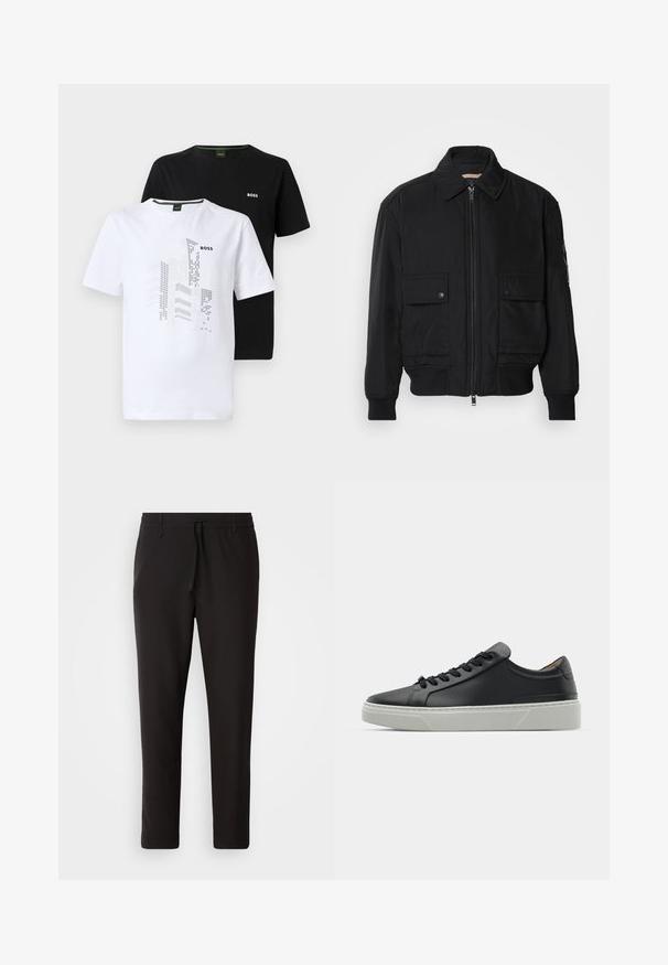 Black bomber jacket made of smooth, lightweight fabric. Features a zip front, two buttoned chest pockets, and ribbed cuffs.; Two short-sleeve T-shirts: one white with graphic design and logo, one solid black with logo. Cotton material, crew neck style.; Black jogger pants made of smooth fabric. Feature an elastic waistband with a drawstring, tapered legs, and no visible pockets. Simple design.; Black leather sneaker with a smooth texture, round toe, and black laces. Features a thick, white rubber sole with subtle geometric accents.