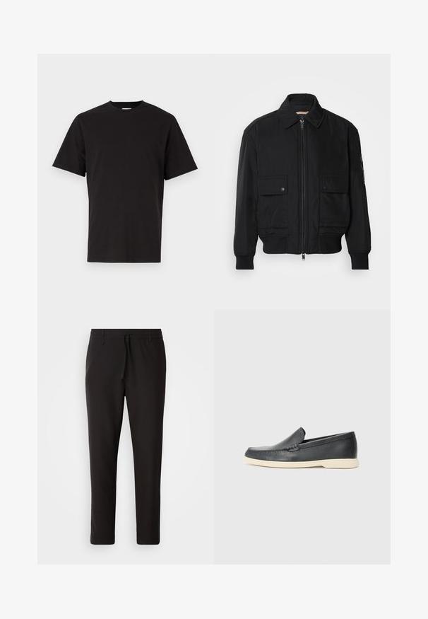 Black bomber jacket made of smooth, lightweight fabric. Features a zip front, two buttoned chest pockets, and ribbed cuffs.; Black cotton t-shirt with a crew neckline, short sleeves, and subtle embroidered text on the chest. Smooth texture, standard fit.; Black jogger pants made of smooth fabric. Feature an elastic waistband with a drawstring, tapered legs, and no visible pockets. Simple design.; Black leather slip-on loafers with a textured finish and a contrasting beige rubber sole. Features a subtle accent along the front.