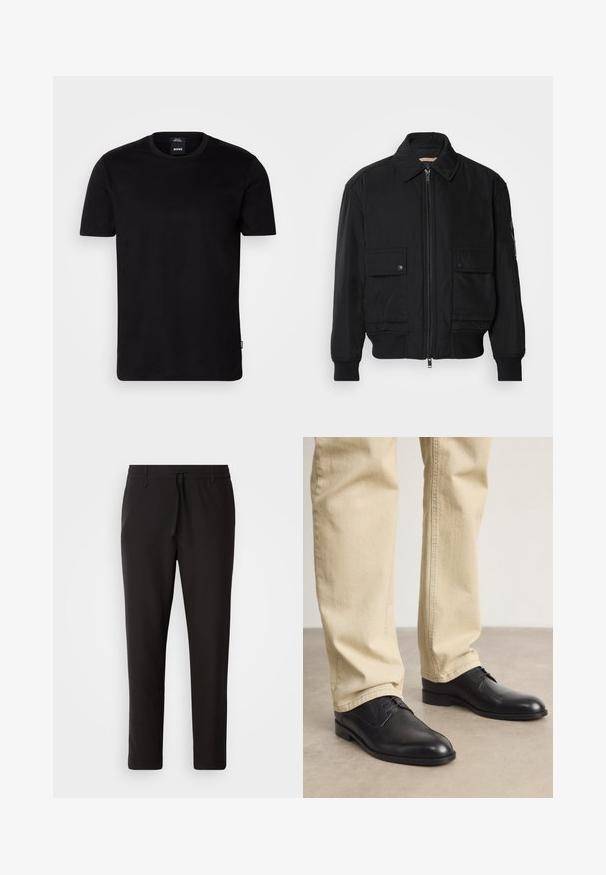 Černá bomber bunda vyrobená z hladkého, lehkého materiálu. Má zipový přední díl, dvě kapsy na hrudi s knoflíky a vroubkované manžety.; Černé tričko vyrobené z bavlny s klasickým designem kulatého výstřihu a krátkými rukávy. Obsahuje nenápadnou nášivku loga na levé straně.; Černé teplákové kalhoty vyrobené z hladké látky. Mají elastický pas se šňůrkou, zúžené nohavice a žádné viditelné kapsy. Jednoduchý design.; Černé kožené šněrovací boty s kulatou špičkou, hladkým povrchem a jemnými švy, nošené s světlými béžovými kalhotami.