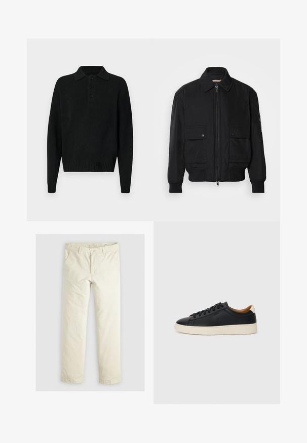 Černá bomber bunda vyrobená z hladkého, lehkého materiálu. Má zipový přední díl, dvě kapsy na hrudi s knoflíky a vroubkované manžety.; Černý pletený svetr s dlouhým rukávem a límcem, se třemi knoflíky na hrudi, s žebrovanými manžetami a lemem, vystavený na bílém pozadí.; Svetlé béžové volné kalhoty s třemi kapsami, poutky na opasek a rovnými nohavicemi. Vyrobeno z měkké směsi bavlny.; Černé kožené tenisky s hladkým povrchem, béžovou gumovou podešví, šněrovacím designem a kontrastním akcentem na patě.