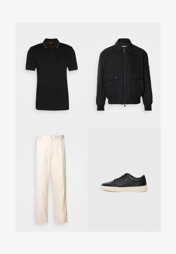 Jachetă bomber neagră, fabricată dintr-un material neted și ușor. Dispune de un fermoar frontal, două buzunare cu nasturi pe piept și manșete ribbrate.; Polo shirt negru, realizat din bumbac, având un guler cu accente gri, două butoane și un mic patch cu brand pe piept.; Pantaloni din bumbac bej, cu croială dreaptă, dotati cu închidere cu nasture și pliuri în față pentru un plus de detaliu.; Sneaker din piele neagră, cu vârf jos, cu șireturi negre și talpă de un alb murdar, prezentat în profil lateral, pe un fundal alb.