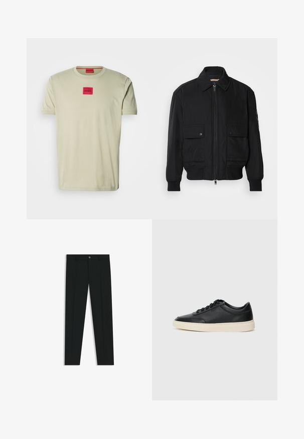 Zwarte bomberjack gemaakt van soepel, lichtgewicht materiaal. Voorzien van een ritssluiting aan de voorkant, twee knoopsluitingen op de borstzakken en geribbelde manchetten.; Lichtbeige t-shirt van katoen, met een ronde hals en korte mouwen. Een rood rechthoekig label met "HUGO" is gecentreerd op de borst.; Zwarte dresspants met een recht pasvorm, gemaakt van een gladde stof. Heeft een sluiting met een knoop aan de voorkant en ceintuurlussen. Effen zonder patronen.; Zwarte leren sneaker met lage schacht, zwarte veters en off-white zool, weergegeven in zijprofiel op een witte achtergrond.