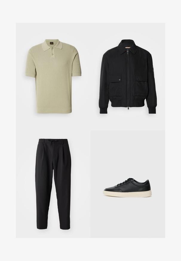 Černá bomber bunda vyrobená z hladkého, lehkého materiálu. Má zipový přední díl, dvě kapsy na hrudi s knoflíky a vroubkované manžety.; Svetle zelený žebrovaný polo tričko s krátkým rukávem, s knoflíkovou légou a plochým límečkem. Měkká pletená textura s těsným střihem.; Černé zúžené kalhoty s elastickým pasem a šnůrkou. Hladká tkanina s lehkou strukturou, obsahující pleaty a boční kapsy.; Černé kožené nízké tenisky s černými tkaničkami a slonovinovou podešví, zobrazené v bočním profilu na bílém pozadí.