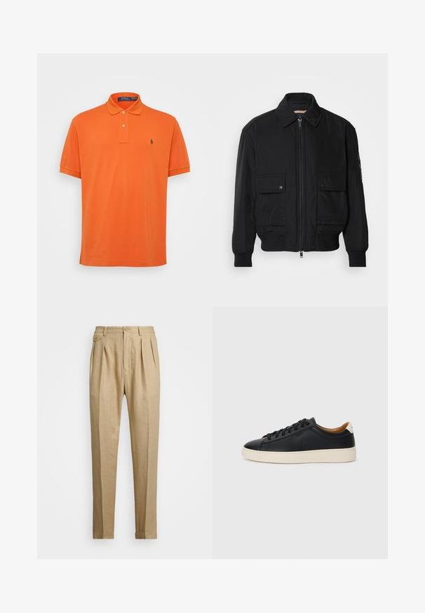 Czarna kurtka bombowiec wykonana z gładkiego, lekkiego materiału. Posiada zamek błyskawiczny z przodu, dwie kieszenie na piersi zapinane na guziki oraz ściągacze przy mankietach.; Polo Ralph Lauren Big & Tall - Koszulka polo; Beżowe lniane spodnie o prostym kroju, z dwoma fałdami z przodu, z zapięciem na guzik i kieszeniami po bokach. Teksturowana tkanina o gładkim wykończeniu.; Czarne skórzane trampki o gładkiej fakturze, jasnobrązowa gumowa podeszwa, sznurowana konstrukcja i kontrastujący akcent na pięcie.