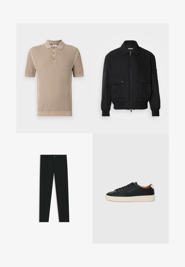 Musta pommijakku, joka on valmistettu sileästä, kevyestä kankaasta. Varusteena vetoketjukiinnitys, kaksi napillista rintataskua ja ribbattu hihansuu.; Kreami lyhythihainen ribbipoolopaita, jossa on kolmen napin napitus ja teksturoitu neulekuvio. Valmistettu pehmeästä kankaasta.; Musta housut, joissa on suora lahje, valmistettu sileästä kankaasta. Edessä nappisulku ja vyölenkit. Yksinkertainen ilman kuvioita.; Mustat nahkasneakerit, joissa on sileä pinta, beige kumipohja, nauhakiinnitys ja erottuva kanta-aksentti.