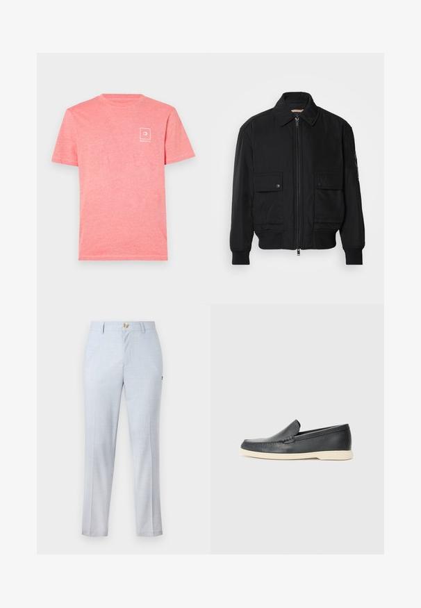 Schwarze Bomberjacke aus glattem, leichtem Stoff. Mit einem Reißverschluss vorne, zwei aufknöpfbaren Brusttaschen und gerippten Bündchen.; Rosa Baumwoll-T-Shirt mit kurzen Ärmeln, featuring ein kleines weißes Logodesign auf der linken Brustseite. Weicher Stoff und klassischer Rundhalsausschnitt.; Helle blaue Anzughosen aus gewebtem Stoff mit klassischer Passform, geradem Bein, frontalen Taschen und Knopfverschluss. Dezente Musterdetails.; Schwarze Leder-Slipper mit strukturiertem Finish und einer kontrastierenden beige Gummisohle. Mit einem dezenten Akzent an der Vorderseite.