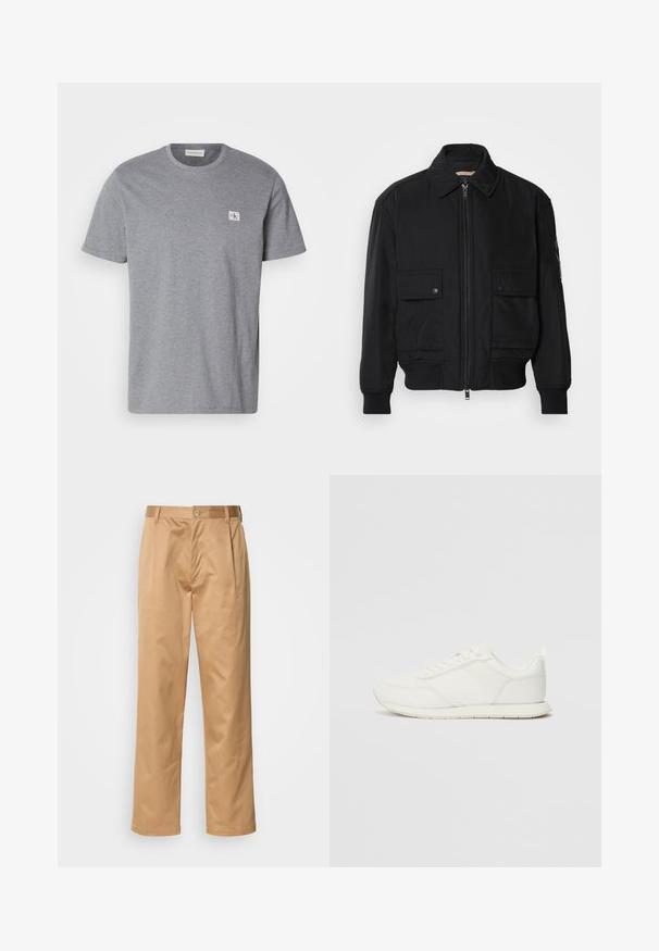 Juodas bomber stiliaus švarkas, pagamintas iš sklandaus, lengvo audinio. Su užtrauktuku priekyje, dviem kišenėmis su sagomis ant krūtinės ir guma apykaklėje.; Pilkos spalvos marškinėliai, pagaminti iš medvilnės mišinio, su apvaliu kaklu, trumpomis rankovėmis ir mažuoju CK logotipo užklijuotu ženkliuku kairiajame krūtinės šone.; Kaki kelnės, medvilnės mišinys, tiesaus kirpimo dizainas, priekiniai raukiniai, diržo kilpos ir mygtuko uždarymas. Lygus audinys be raštų.; Balti sportbačiai su tinkline ir sintetine viršutine dalimi, apvaliu nosiu, plokščiomis raištelėmis ir tekstūruota šonine juosta. Guma, kurios padas su vilkimo kilpute gale.