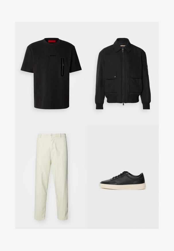 Black bomber jacket made of smooth, lightweight fabric. Features a zip front, two buttoned chest pockets, and ribbed cuffs.; Black short-sleeve T-shirt with a crew neck, featuring a front zip pocket, subtle logo on the chest, and a smooth fabric texture.; Light beige cotton trousers with a straight leg design, featuring a front button closure and standard pockets, smooth texture, and no patterns.; Black low-top leather sneaker with black laces and off-white sole shown in side profile on white background.