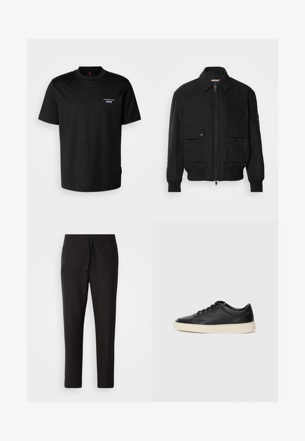 Black bomber jacket made of smooth, lightweight fabric. Features a zip front, two buttoned chest pockets, and ribbed cuffs.; Black cotton t-shirt with a round neck, short sleeves, and a white embroidered logo that reads "Porsche BOSS" on the left chest.; Black jogger pants made of smooth fabric. Feature an elastic waistband with a drawstring, tapered legs, and no visible pockets. Simple design.; Black low-top leather sneaker with black laces and off-white sole shown in side profile on white background.