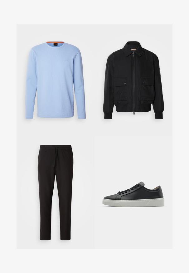 Černá bomber bunda vyrobená z hladkého, lehkého materiálu. Má zipový přední díl, dvě kapsy na hrudi s knoflíky a vroubkované manžety.; Světle modré tričko s dlouhým rukávem vyrobené z texturované látky, s žebrovaným výstřihem a vyšívaným logem na hrudi ve shodné barvě.; Černé teplákové kalhoty vyrobené z hladké látky. Mají elastický pas se šňůrkou, zúžené nohavice a žádné viditelné kapsy. Jednoduchý design.; Černé kožené tenisky s hladkým povrchem, kulatou špičkou a černými šňůrkami. Disponují silnou bílou gumovou podrážkou s jemnými geometrickými akcenty.