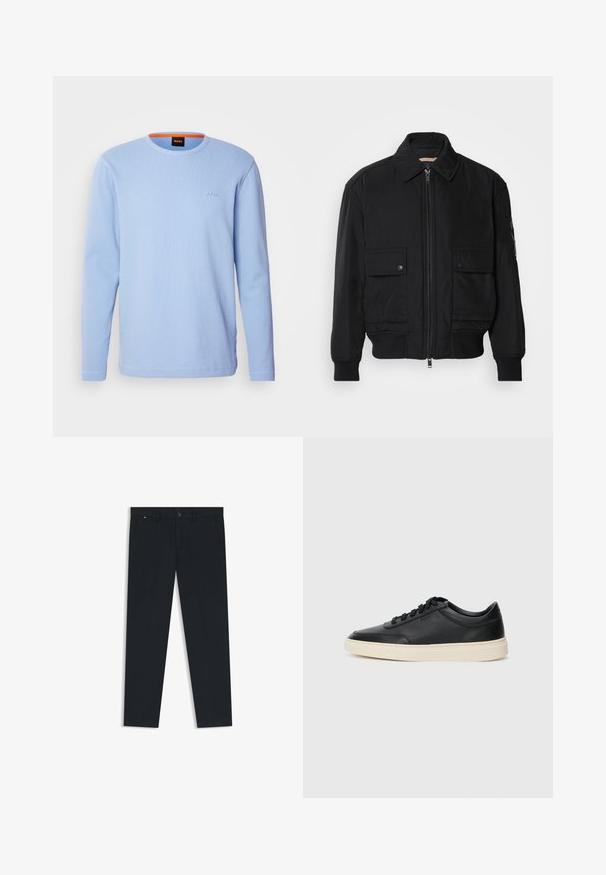 Svart bomberjacka gjord av mjukt, lättviktigt tyg. Har dragkedja fram, två knappade bröstfickor och ribbade ärmslut.; Ljusblå långärmad T-shirt med en strukturerad textur, ribbat halsringning och en broderad logotyp på bröstet i matchande färg.; Herrens mörkblå byxor i lättviktsmaterial. Har knappstängning, bälteshällor och två sidofickor. Rakt ben-design.; Svart låg skor i läder med svarta snören och off-white sula, visas i sidoprofil på vit bakgrund.