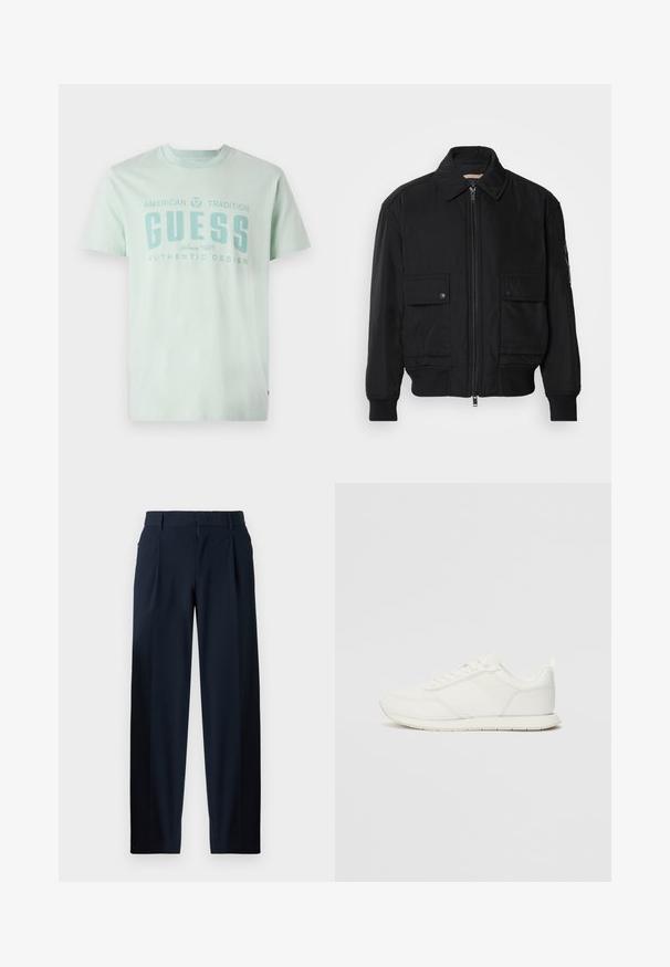 Chaqueta bomber negra de tejido suave y ligero. Cuenta con cierre de cremallera en la parte delantera, dos bolsillos en el pecho con botón y puños acanalados.; Camiseta de color verde menta claro hecha de algodón. Presenta un cuello redondo, mangas cortas y un texto gráfico en la parte frontal: "GUESS AMERICAN TRADITION SINCE 1981."; Pantalones azul marino con una textura suave, diseño de pierna ancha, plisados frontales, presillas para cinturón y cierre de cremallera. Adecuados para uso formal o casual.; Zapatilla blanca con parte superior de malla y sintético, puntera redonda, cordones planos y una franja lateral texturizada. Suela de goma con un tirador en la parte posterior.