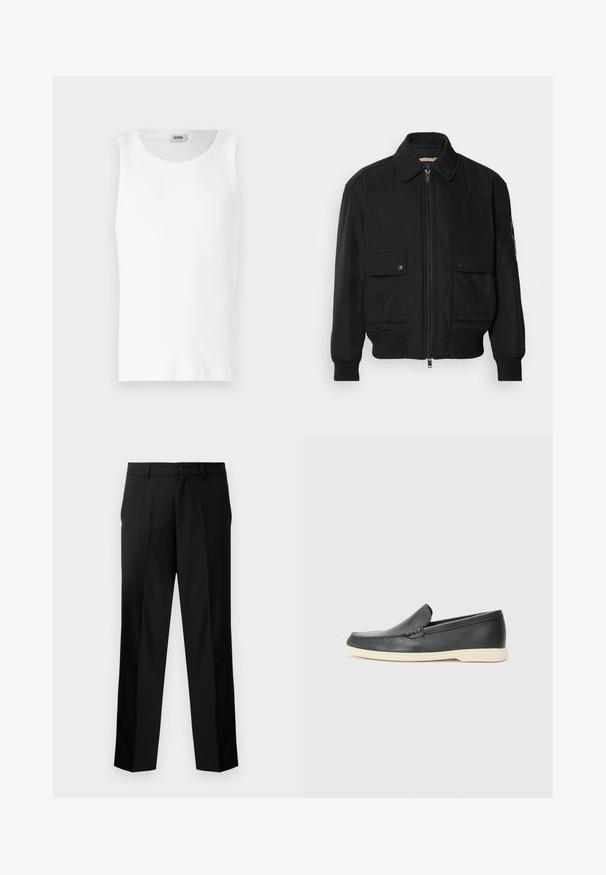Black bomber jacket made of smooth, lightweight fabric. Features a zip front, two buttoned chest pockets, and ribbed cuffs.; White cotton sleeveless tank top with a round neckline and a smooth texture. Simple design, no patterns or accents.; Black tailored trousers with a straight cut, featuring a button closure, zip fly, and belt loops. Smooth fabric with side pockets.; Black leather slip-on loafers with a textured finish and a contrasting beige rubber sole. Features a subtle accent along the front.