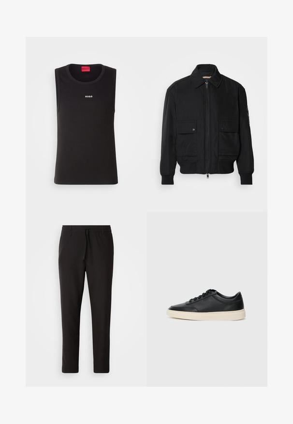Fekete bomberdzseki sima, könnyű anyagból. Cipzáras elülső részével, két gombos mellzsebével és bordás mandzsettáival rendelkezik.; Fekete, ujjatlan póló, puha pamutból készült, kerek nyakkivágással és fehér "HUGO" logóval elöl. Egyszerű és testhezálló dizájn.; Fekete jogger nadrág sima anyagból. Rugalmas derekú, húzózsinórral, tapered lábakkal és látható zsebek nélkül készül. Egyszerű dizájn.; Fekete, alacsony szárú bőrsneaker fekete fűzőkkel és törtfehér talppal, oldalnézetben, fehér háttér előtt.