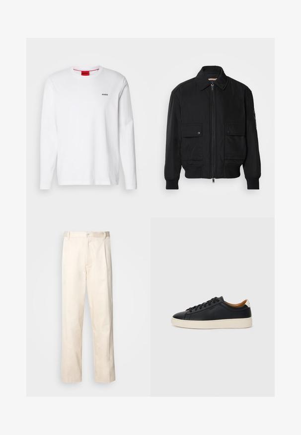 Jaqueta bomber preta feita de um tecido liso e leve. Apresenta um fecho zip à frente, dois bolsos no peito com botão e punhos canelados.; Camisa branca de mangas longas feita de algodão, com decote redondo, logotipo preto "HUGO" no lado esquerdo do peito e uma textura suave.; Calças de algodão bege com corte reto, apresentando um fecho de botão e pregas na frente para um detalhe adicional.; Tenis de couro preto com uma textura suave, sola de borracha bege, design de atar e um destaque no calcanhar em contraste.