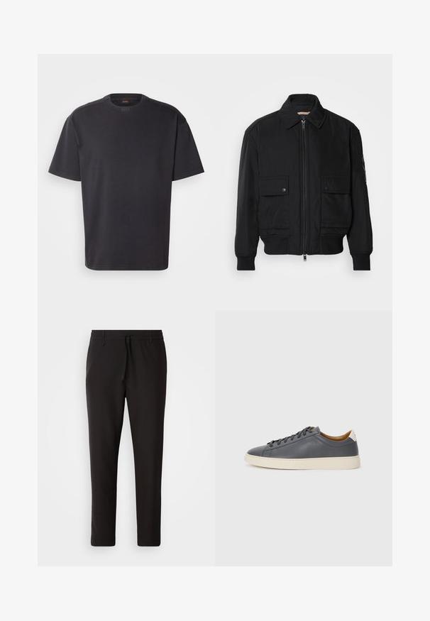 Melnā bomber jaka, izgatavota no gludas, vieglas auduma. Ar rāvējslēdzēju priekšā, diviem pogājamiem krūšu kabatām un ribotām piedurknēm.; Melnas, īsām piedurknēm T-kreklis izgatavots no kokvilnas, ar apaļu kakla izgriezumu un diskrētu zīmolu uz apkakles. Gluda tekstūra ar brīvu piegriezumu.; Melnas sporta bikses no gludas auduma. Tām ir elastīga josta ar auklu, sašaurinātas kājas un nav redzamu kabatu. Vienkāršs dizains.; Pelēki ādas sporta apavi ar apaļu purngalu, gumijas zoli, plakanu auklu un gaišiem akcentiem uz papēža. Gluda tekstūra un minimālistisks dizains.