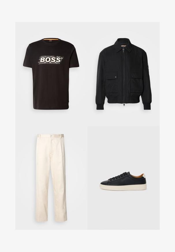 Jaqueta bomber preta feita de um tecido liso e leve. Apresenta um fecho zip à frente, dois bolsos no peito com botão e punhos canelados.; T-shirt de algodão preto com um grande logo branco "BOSS" em estilo contornado. Gola redonda e mangas curtas, com uma textura suave.; Calças de algodão bege com corte reto, apresentando um fecho de botão e pregas na frente para um detalhe adicional.; Tenis de couro preto com uma textura suave, sola de borracha bege, design de atar e um destaque no calcanhar em contraste.