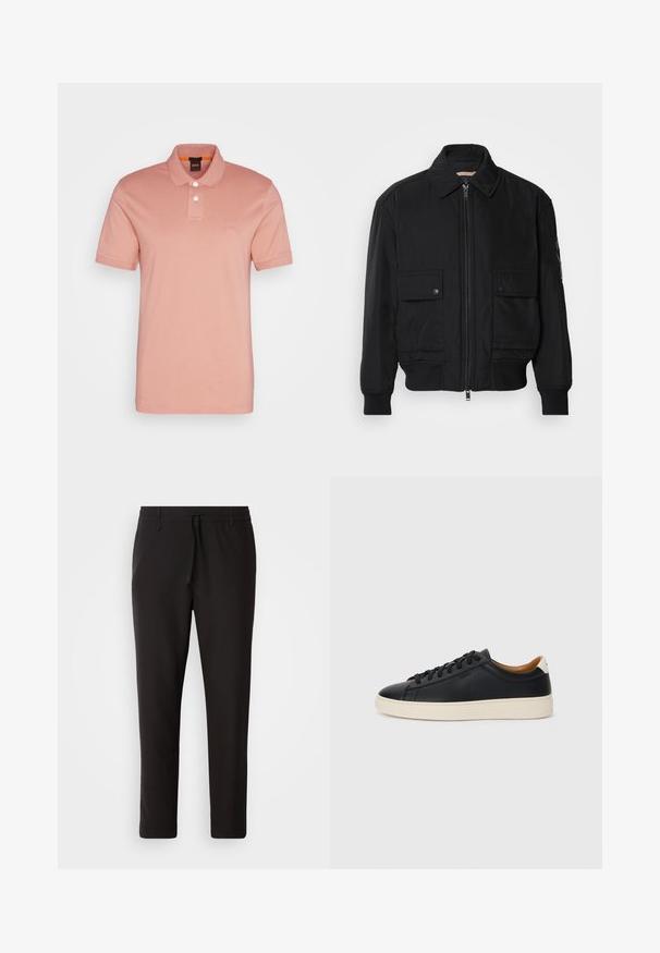 Fekete bomberdzseki sima, könnyű anyagból. Cipzáras elülső részével, két gombos mellzsebével és bordás mandzsettáival rendelkezik.; BOSS PASSENGER - Pólóing - open pink; Fekete jogger nadrág sima anyagból. Rugalmas derekú, húzózsinórral, tapered lábakkal és látható zsebek nélkül készül. Egyszerű dizájn.; Fekete bőr sportcipők sima felülettel, bézs gumitalppal, fűzős dizájnnal és kontrasztos sarkú akcentussal.