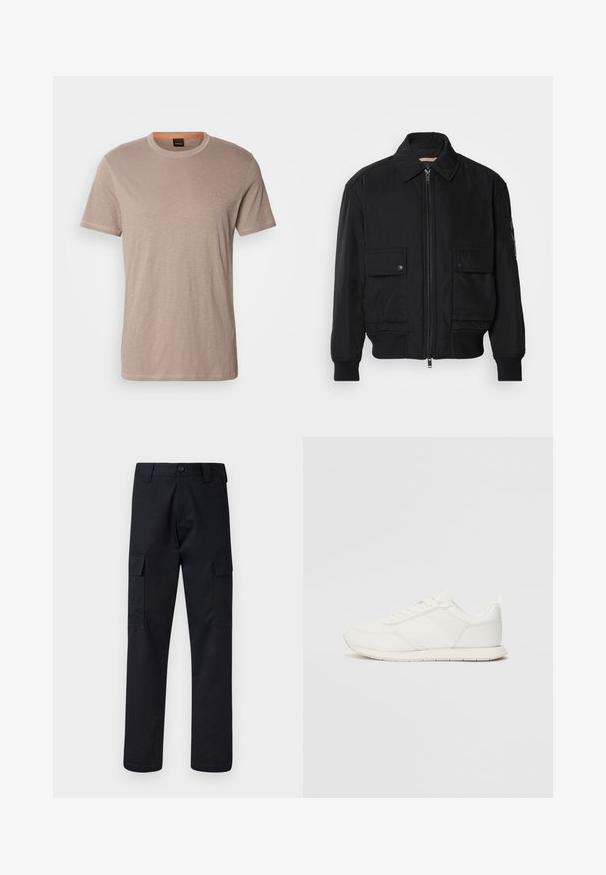 Černá bomber bunda vyrobená z hladkého, lehkého materiálu. Má zipový přední díl, dvě kapsy na hrudi s knoflíky a vroubkované manžety.; BOSS TEGOOD - Jednoduché tričko - brown; Černé cargo kalhoty vyrobené z odolné tkaniny, s rovnými nohavicemi, dvěma bočními kapsami a zapínáním na knoflík v pase.; Bílé tenisky s vrchní částí z síťoviny a syntetického materiálu, kulatou špičkou, plochými tkaničkami a texturovaným bočním pruhem. Gumová podrážka s poutkem vzadu.
