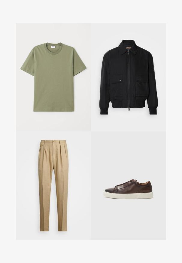 Zwarte bomberjack gemaakt van soepel, lichtgewicht materiaal. Voorzien van een ritssluiting aan de voorkant, twee knoopsluitingen op de borstzakken en geribbelde manchetten.; Olijfgroen T-shirt met korte mouwen, gemaakt van zachte katoen, met een ronde halslijn en een eenvoudig, strakke ontwerp zonder patronen of accenten.; Beige linnen broek met een rechte snit, voorzien van twee voorplooien, een knoopsluiting en zijzakken. Gestructureerde stof met een gladde afwerking.; Bruine leren sneaker met een ronde neus, contrasterende witte rubberen zool, gestikte accenten en geen zichtbare veters. Over het algemeen een gladde textuur.