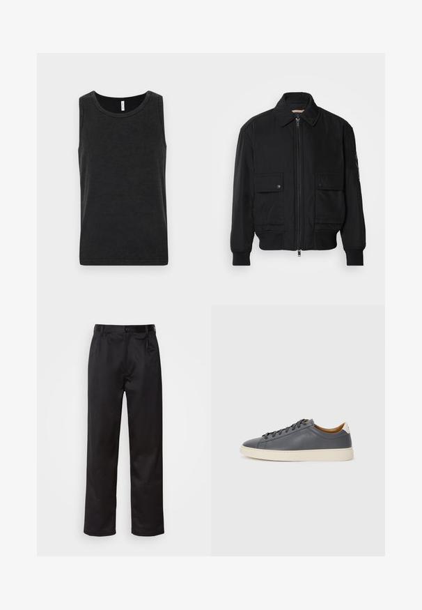 Czarna kurtka bombowiec wykonana z gładkiego, lekkiego materiału. Posiada zamek błyskawiczny z przodu, dwie kieszenie na piersi zapinane na guziki oraz ściągacze przy mankietach.; Czarny bawełniany top na ramiączkach z okrągłym dekoltem, bez rękawów i gładką fakturą. Posiada prosty i klasyczny krój.; Czarne spodnie wykonane z gładkiego materiału, z zapięciem na guzik z przodu, plisami i prostymi nogawkami. Brak widocznych wzorów lub akcentów.; Szare skórzane trampki z okrągłym noskiem, gumową podeszwą, płaskimi sznurówkami i jasnymi akcentami na pięcie. Gładka tekstura i minimalistyczny design.