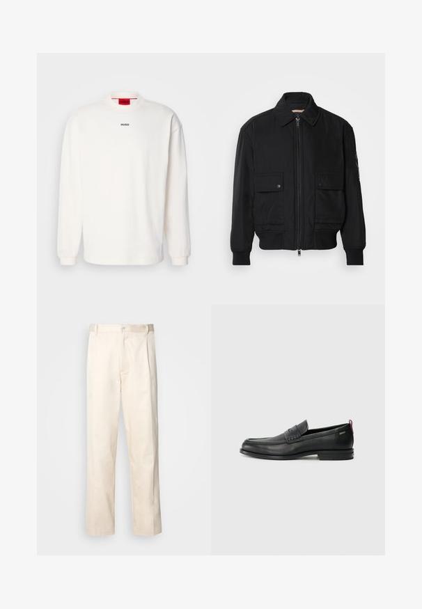 Μαύρο μπουφάν bomber φτιαγμένο από μαλακό, ελαφρύ ύφασμα. Διαθέτει φερμουάρ μπροστά, δύο τσέπες με κουμπιά στο στήθος και ριμπ μανσέτες.; Λευκό φούτερ με μακριά μανίκια, φτιαγμένο από βαμβάκι. Διαθέτει στρογγυλή λαιμόκοψη, ριγωτά μανίκια και ένα μικρό μαύρο λογότυπο "HUGO" στο στήθος. Κόκκινη εσωτερική ετικέτα.; Μπεζ βαμβακερό παντελόνι με ίσια γραμμή, διαθέτει κουμπί κλεισίματος και πτυχές στο μπροστινό μέρος για επιπλέον λεπτομέρεια.; Μαύρα δερμάτινα loafers με υφασμάτινη εμπρόσθια πάνελ και λεία πλαϊνά. Διαθέτουν λεπτό τακούνι και πίσω βρόχο για εύκολη φόρεση. Κλασικός σχεδιασμός.