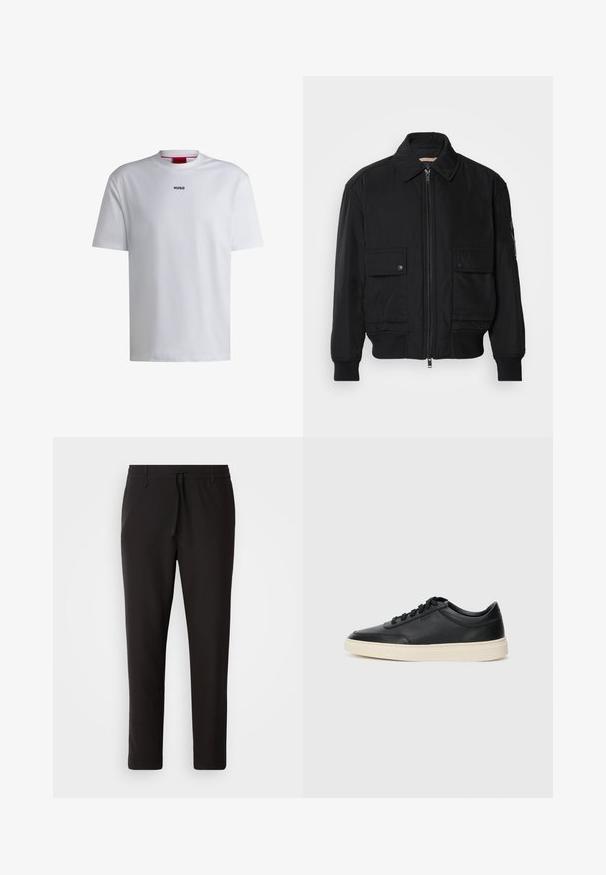 Juodas bomber stiliaus švarkas, pagamintas iš sklandaus, lengvo audinio. Su užtrauktuku priekyje, dviem kišenėmis su sagomis ant krūtinės ir guma apykaklėje.; Balta medvilninė t-shirt su trumpomis rankovėmis, apvaliu iškirpimu ir juodu "HUGO" logotipu krūtinėje. Lygus paviršius, laisvas kirpimas, be raštų.; Juodi džinsai, pagaminti iš lygaus audinio. Yra elastinė juosmens juosta su raišteliu, siaurėjantys džinsai, be matomų kišenių. Paprastas dizainas.; Juoda žema viršutinė odinė sportbačiai su juodais raišteliais ir kreminiu padu, pateikti šoniniame profilyje ant baltos fono.