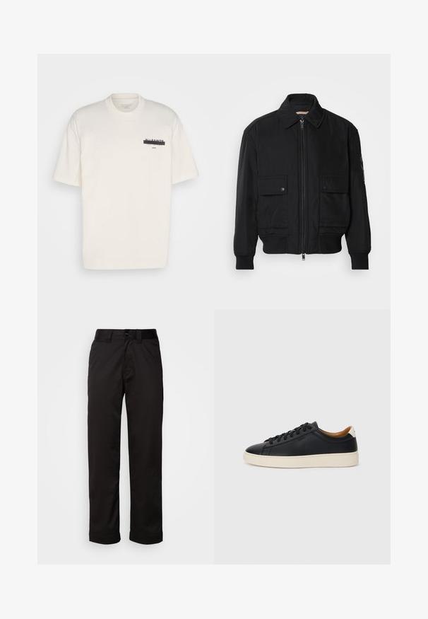 Melnā bomber jaka, izgatavota no gludas, vieglas auduma. Ar rāvējslēdzēju priekšā, diviem pogājamiem krūšu kabatām un ribotām piedurknēm.; Balta kokvilnas T-krekls ar īsām piedurknēm, apļveida kakla izgriezums un melns grafiskais prints uz kreisā krūts ar zīmola nosaukumu "All Saints."; Melnas bikses, izgatavotas no gluda auduma, ar rāvējslēdzēju, pogu aizdari un sarullētām piedurknēm ikdienejai apģērbam.; Melni ādas sporta apavi ar gludu tekstūru, bēša krāsas gumijas zole, auklu aizdare un kontrastējošs papēža akcents.