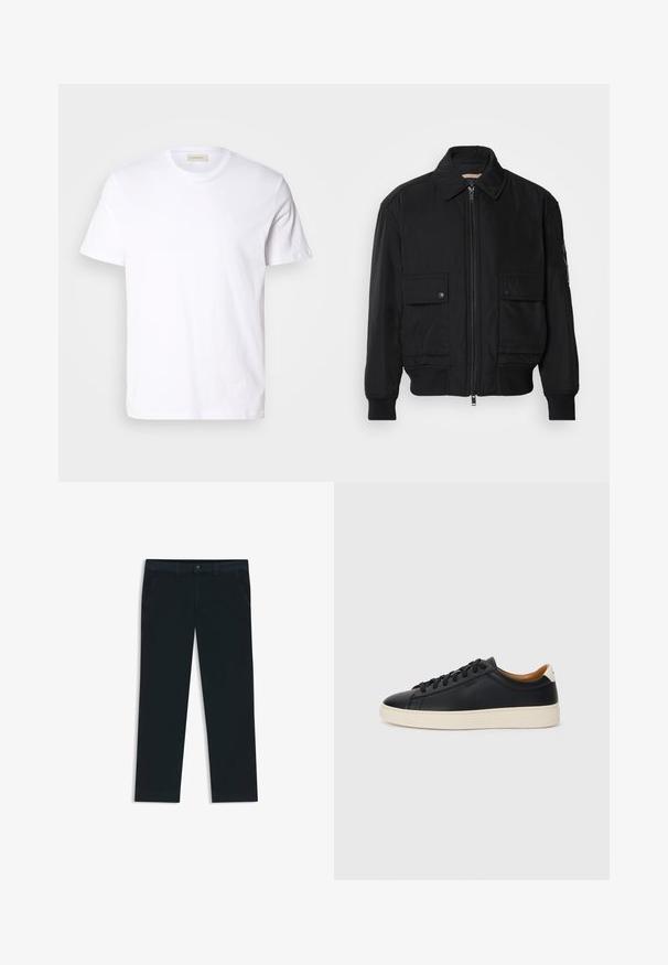 Giacca bomber nera realizzata in tessuto morbido e leggero. Caratterizzata da una chiusura con zip frontale, due tasche sul petto con bottone e polsini a costine.; T-shirt bianco a maniche corte realizzato in morbido cotone. Presenta un collo a girocollo e un piccolo logo discreto sul petto.; Chinos di un blu navy scuro realizzati in tessuto misto cotone. Presentano passanti per cintura, tasche frontali e una chiusura con zip e bottone.; Sneakers in pelle nera con una texture liscia, suola in gomma beige, design con lacci e un accento del tacco in contrasto.