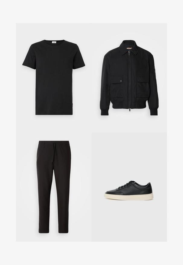 Jaqueta bomber preta feita de um tecido liso e leve. Apresenta um fecho zip à frente, dois bolsos no peito com botão e punhos canelados.; T-shirt de algodão preta com decote redondo, mangas curtas e corte reto. Possui um pequeno rótulo de destaque vermelho na parte inferior.; Calças de jogging pretas feitas de tecido liso. Apresentam uma cintura elástica com cordão, pernas ligeiramente ajustadas e sem bolsos visíveis. Design simples.; Sapatilha preta de cano baixo em pele com atacadores pretos e sola off-white, apresentada em perfil lateral sobre fundo branco.