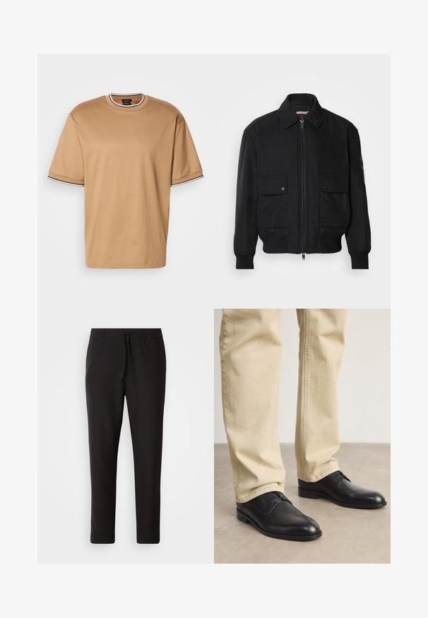 Juodas bomber stiliaus švarkas, pagamintas iš sklandaus, lengvo audinio. Su užtrauktuku priekyje, dviem kišenėmis su sagomis ant krūtinės ir guma apykaklėje.; Bežinė trumpomis rankovėmis marškinėlė su juodai baltu juostuotu apykakle ir rankogaliais, demonstruojami ant balto fono.; Juodi džinsai, pagaminti iš lygaus audinio. Yra elastinė juosmens juosta su raišteliu, siaurėjantys džinsai, be matomų kišenių. Paprastas dizainas.; Juodos odinės bateliai su raišteliais, su apvaliu pirštu, lygia danga ir subtiliomis siuvimo detalėmis, dėvimi su šviesiai smėliniais kelnėmis.