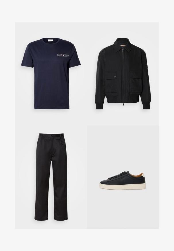 Czarna kurtka bombowiec wykonana z gładkiego, lekkiego materiału. Posiada zamek błyskawiczny z przodu, dwie kieszenie na piersi zapinane na guziki oraz ściągacze przy mankietach.; Granatowa bawełniana koszulka z okrągłym dekoltem, krótkimi rękawami oraz nadrukiem z przodu z napisem "GANT 1949" w kolorze białym. Gładka faktura, klasyczny krój.; Czarne spodnie wykonane z gładkiego materiału, z zapięciem na guzik z przodu, plisami i prostymi nogawkami. Brak widocznych wzorów lub akcentów.; Czarne skórzane trampki o gładkiej fakturze, jasnobrązowa gumowa podeszwa, sznurowana konstrukcja i kontrastujący akcent na pięcie.