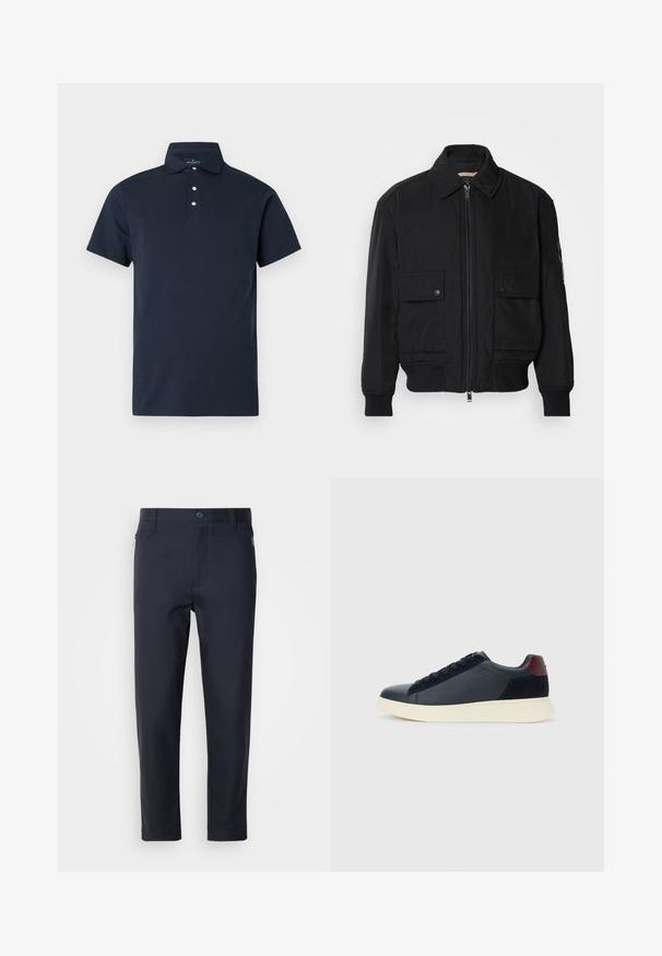 Musta pommijakku, joka on valmistettu sileästä, kevyestä kankaasta. Varusteena vetoketjukiinnitys, kaksi napillista rintataskua ja ribbattu hihansuu.; Tummansininen poolopaita, valmistettu sileästä puuvillasekoitteesta. Lyhyet hihat, kolmen napin lista, ei näkyviä kuvioita tai logoja.; Tummansiniset räätälöidyt housut, jotka on valmistettu sileästä kankaasta. Housuissa on vetskareilla varustettu tasku, suorat lahkeet ja nappisuljenta vyötäröllä.; Miestne bežecké tenisky s nízkym strihom v čiernej koži a semišovej úprave s bordovým jazykom a bielou gumovou podrážkou, pohľad z vonkajšej strany.